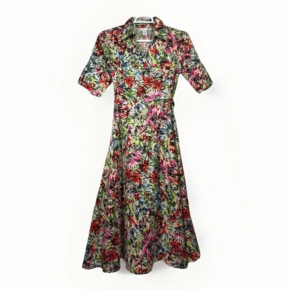 JG Hook Midi Dress Size 10 Linen Faux Wrap Multicolor Abstract Floral Belted - Picture 1 of 16